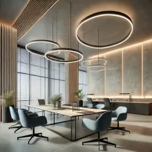 DALL·E 2025-01-07 13.14.38 - A modern office interior featuring curved LED ring lights suspended from the ceiling, creating a sleek and sophisticated ambiance. The room includes m